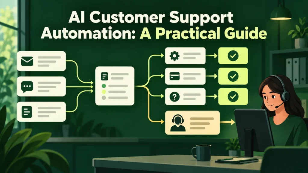 Customer support requests moving through automated triage, resolution, and human escalation