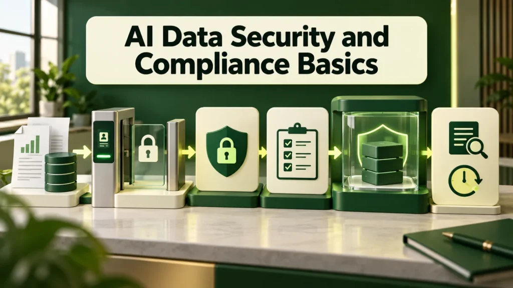 Business data moving through protected AI systems with access, retention, and compliance controls