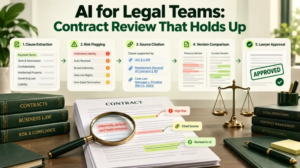 Legal contract review workflow highlighting clauses, source verification, and lawyer approval