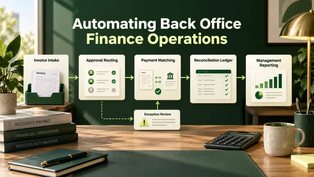Back office finance workflow connecting invoices, approvals, reconciliation, and reporting