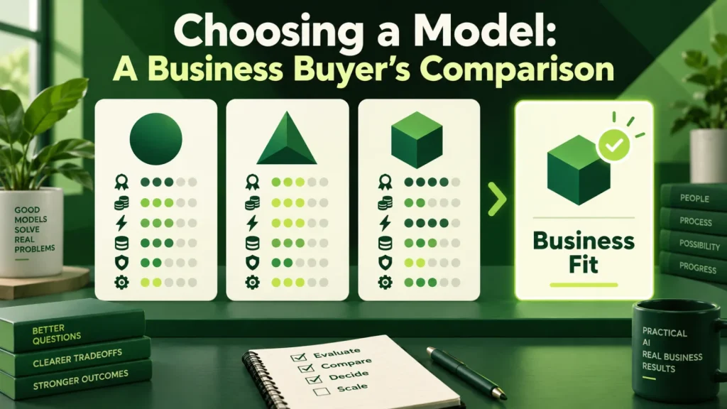 Business evaluation matrix comparing AI models by quality, cost, speed, privacy, and operational fit