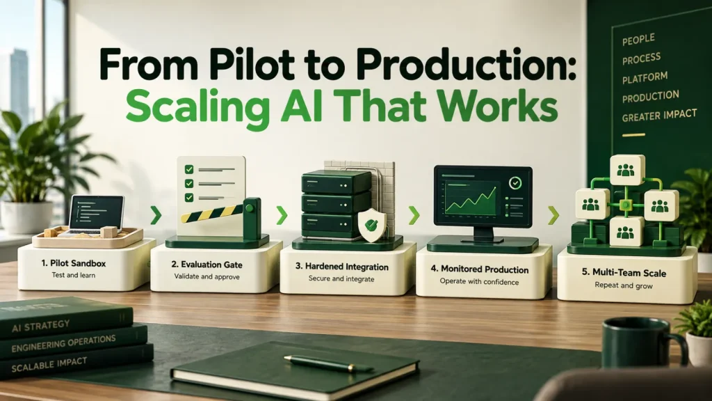 AI project progressing from a controlled pilot through testing, deployment, monitoring, and scale