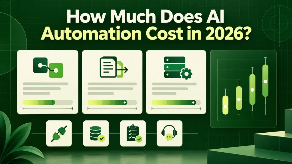 AI automation cost planning board with project scope cards, cost drivers, and estimate ranges