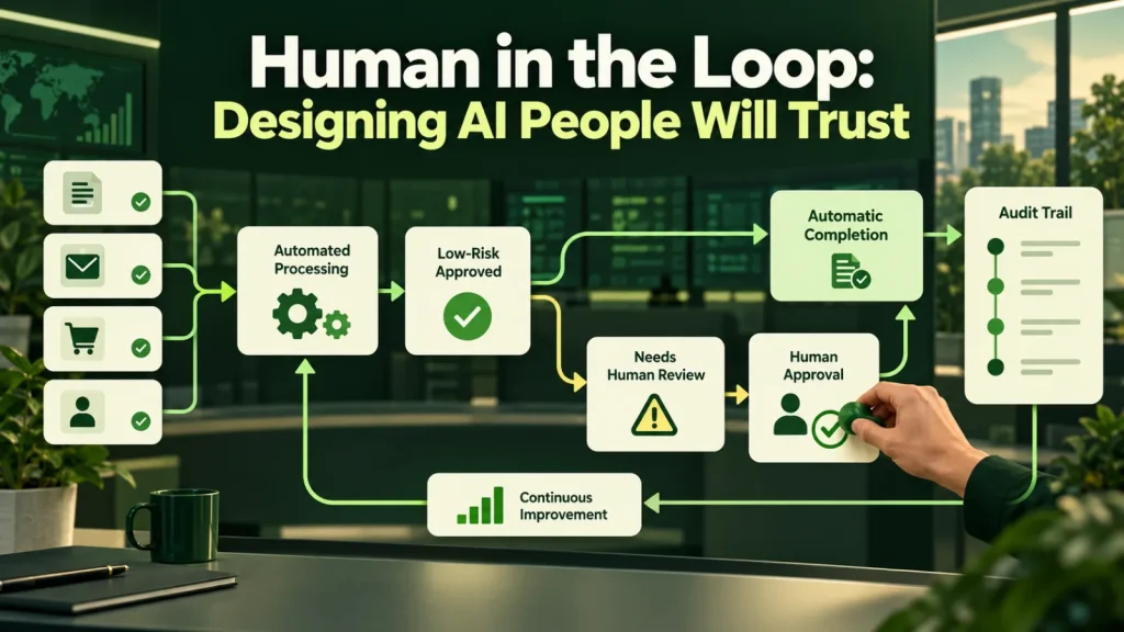 AI workflow routing routine cases automatically and uncertain cases to a human approval checkpoint