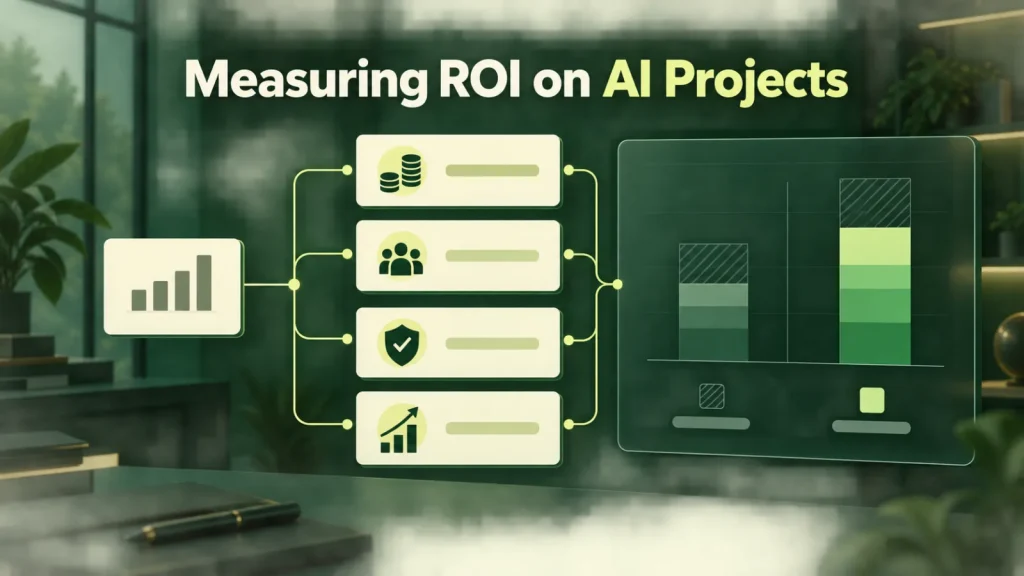 AI project ROI framework connecting baseline costs, recovered capacity, avoided costs, and measured outcomes