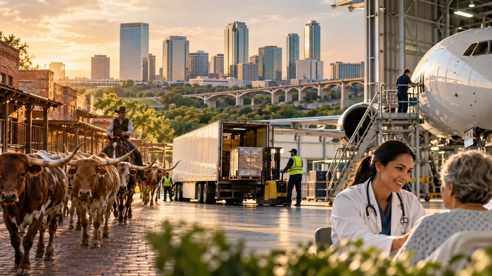 Aerospace, freight and ranching scenes in Fort Worth