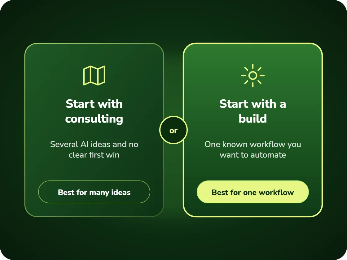 Comparison of starting with AI consulting and starting with a build