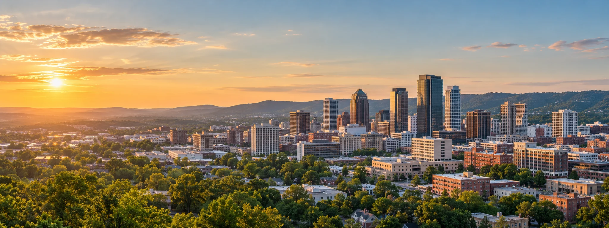Alabama city skyline above green hills at sunrise, where DevSolutionsAI provides AI services in Alabama