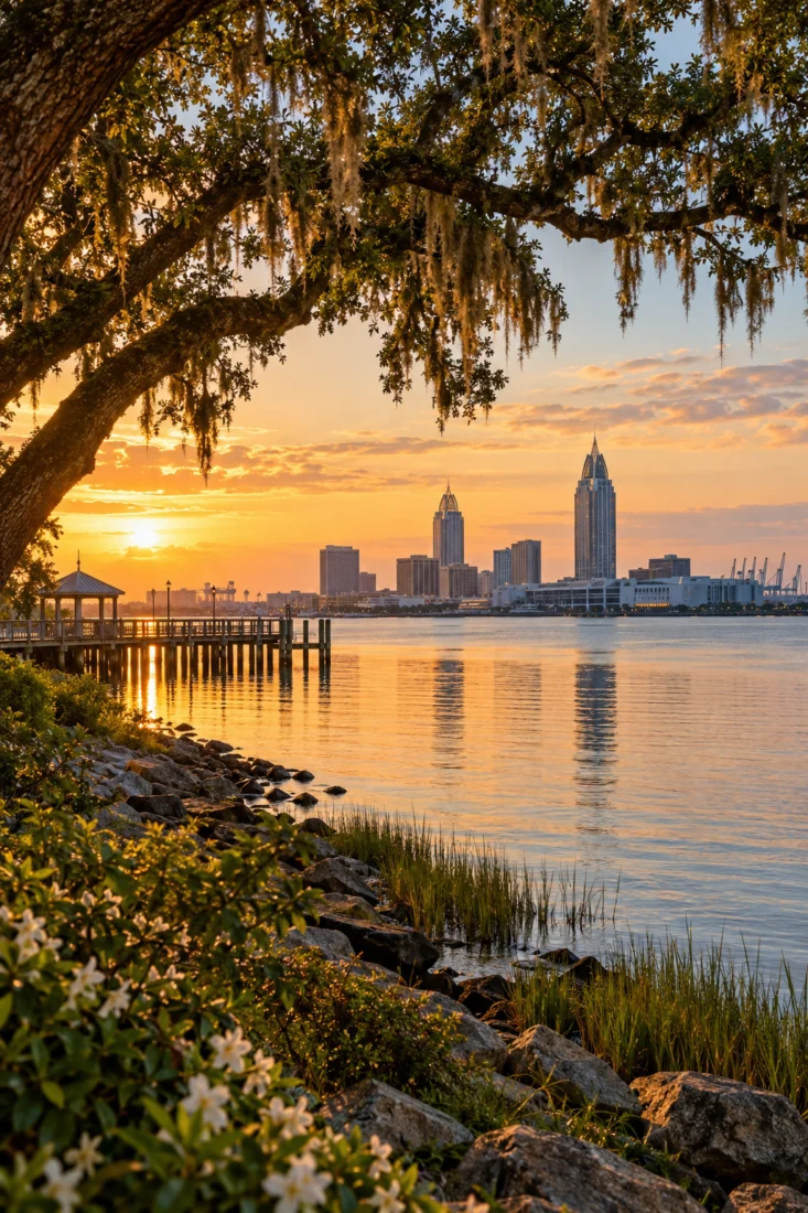 Mobile Bay waterfront and live oak at sunset