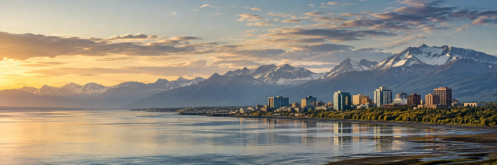 Anchorage skyline below snowy Chugach peaks, where DevSolutionsAI provides AI services in Alaska