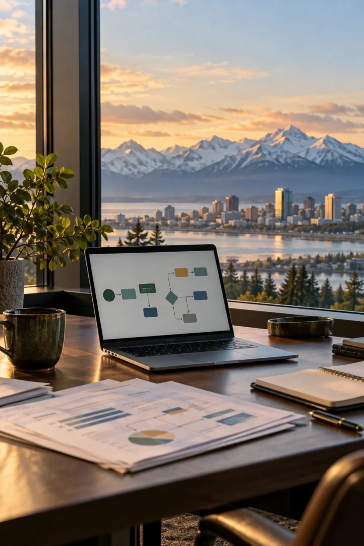 Laptop on a desk with an Anchorage mountain view