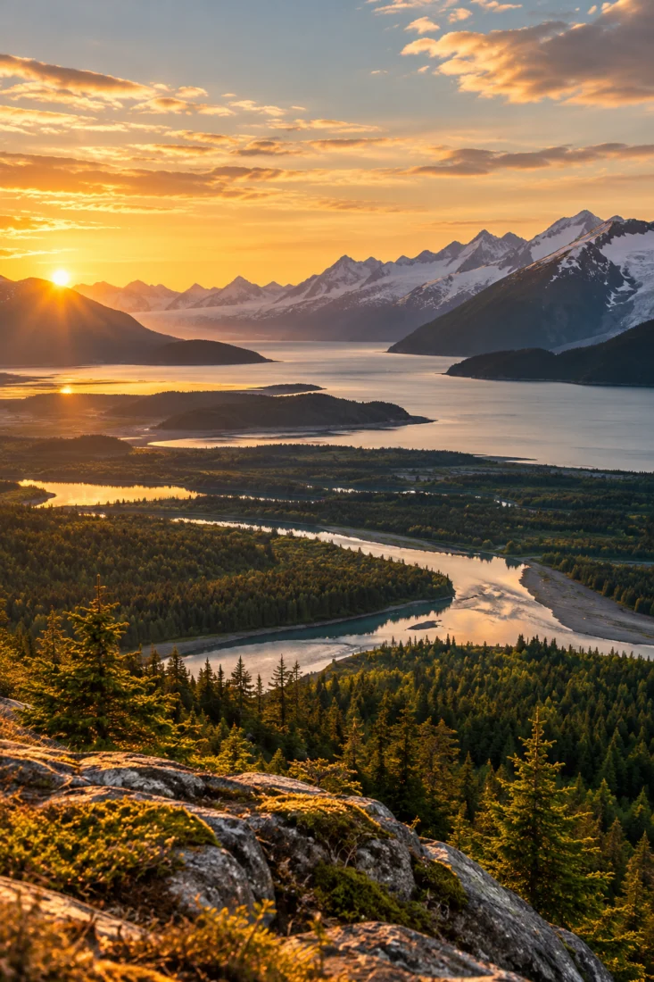 Alaska river delta and mountains at sunset
