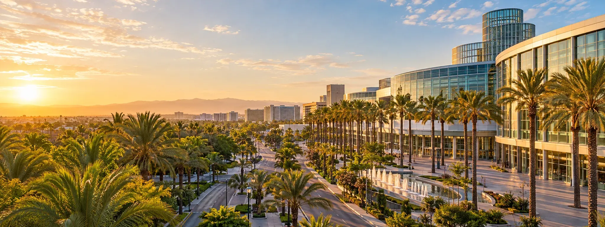 Anaheim resort district skyline at sunset, where DevSolutionsAI provides AI services in Anaheim