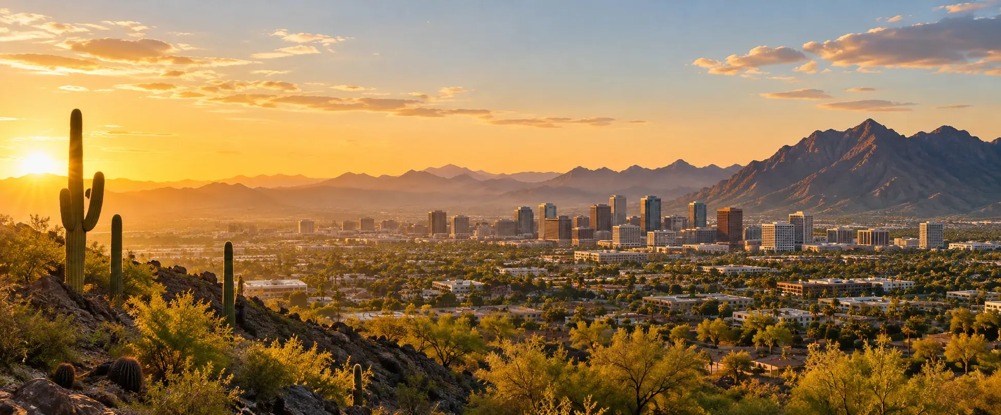 Arizona desert city skyline with saguaros at sunset, where DevSolutionsAI provides AI services in Arizona