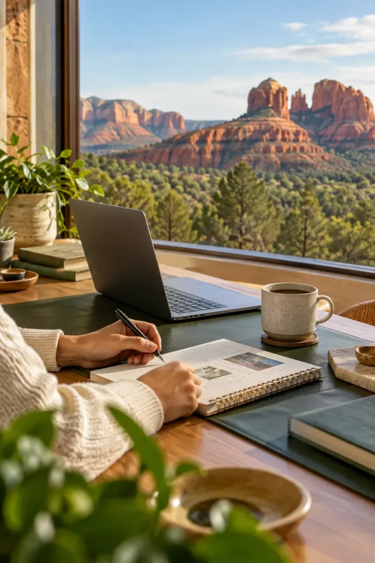 Laptop on a desk with Sedona red rocks in view