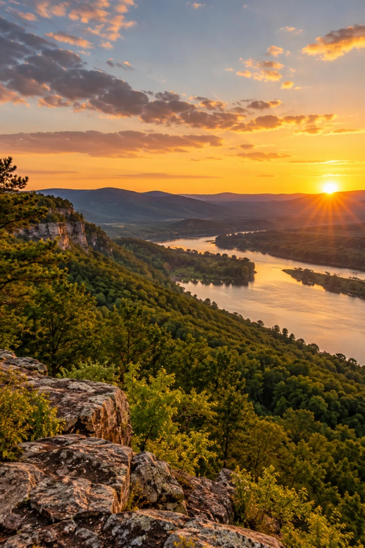 Ozark Mountains bluff above a river at sunset