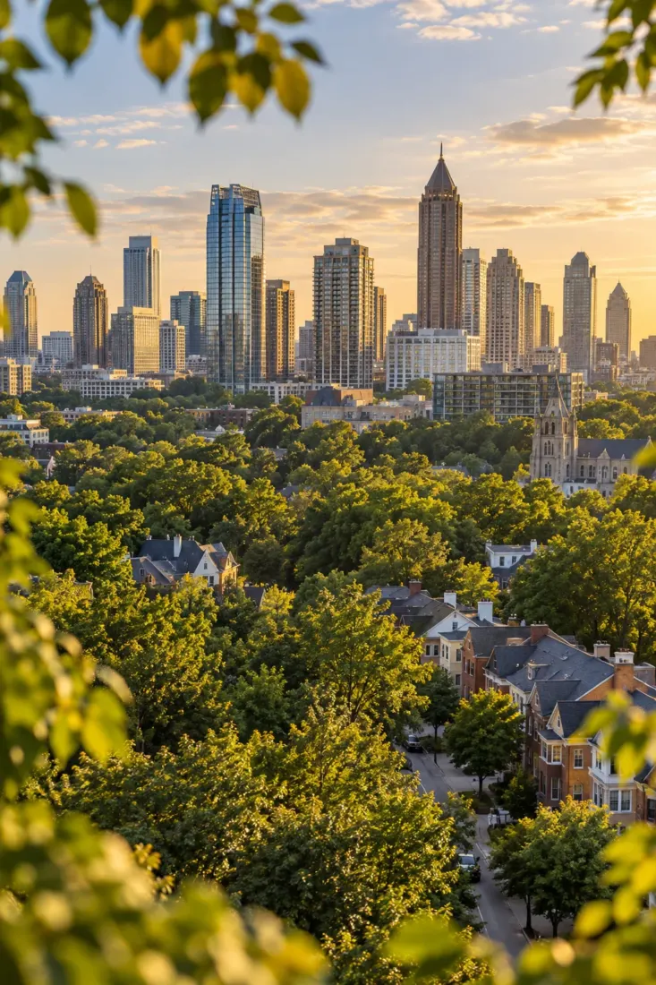 Atlanta skyline above leafy neighborhoods