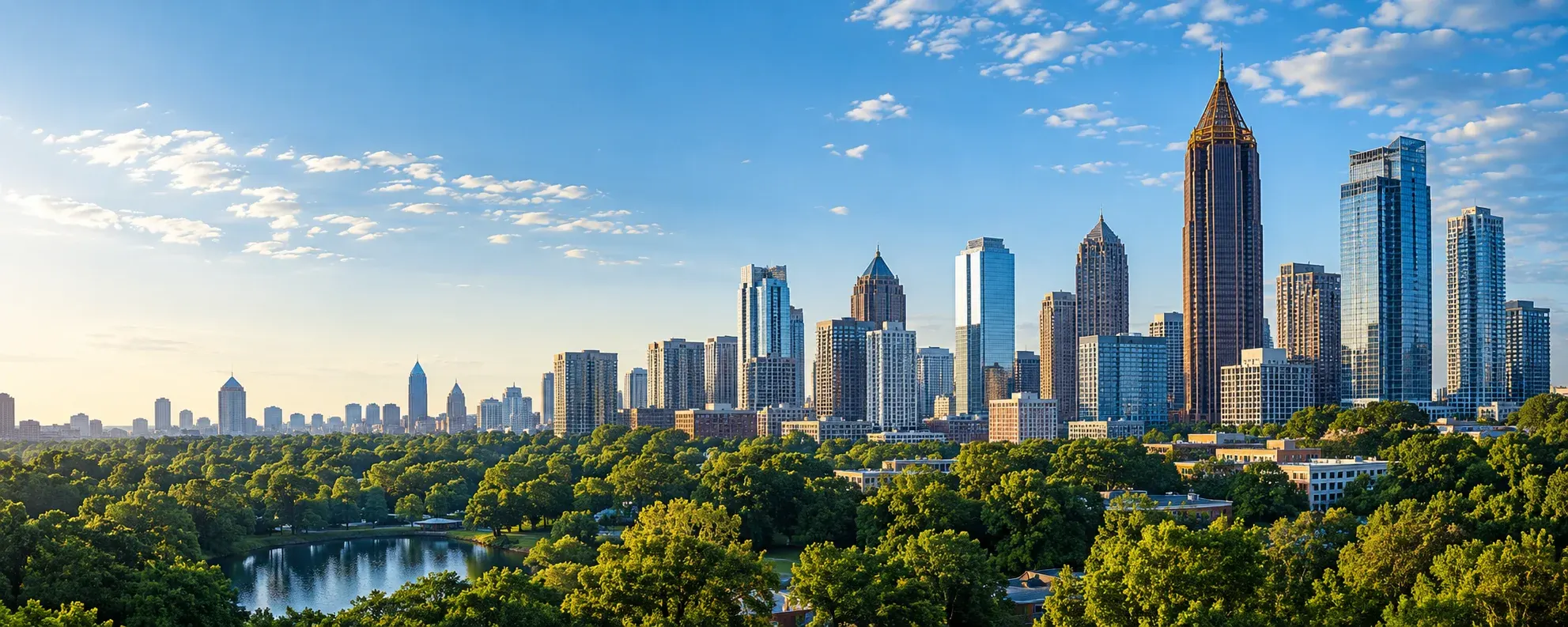 Atlanta skyline above the tree canopy, where DevSolutionsAI provides AI services in Atlanta