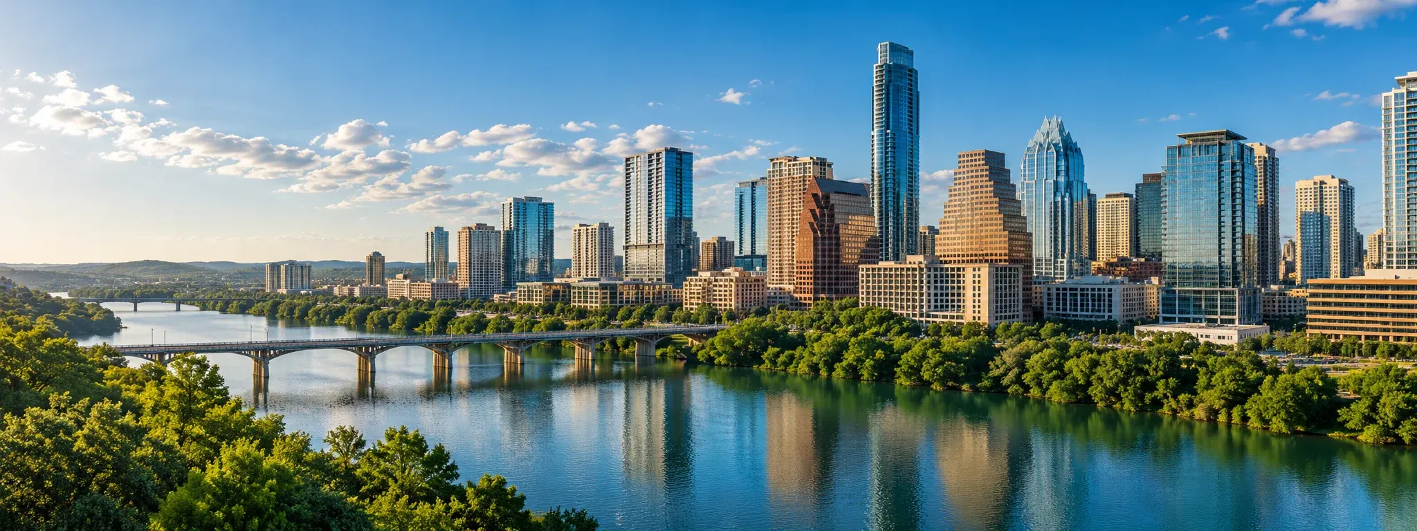 Austin skyline over Lady Bird Lake, where DevSolutionsAI provides AI services in Austin