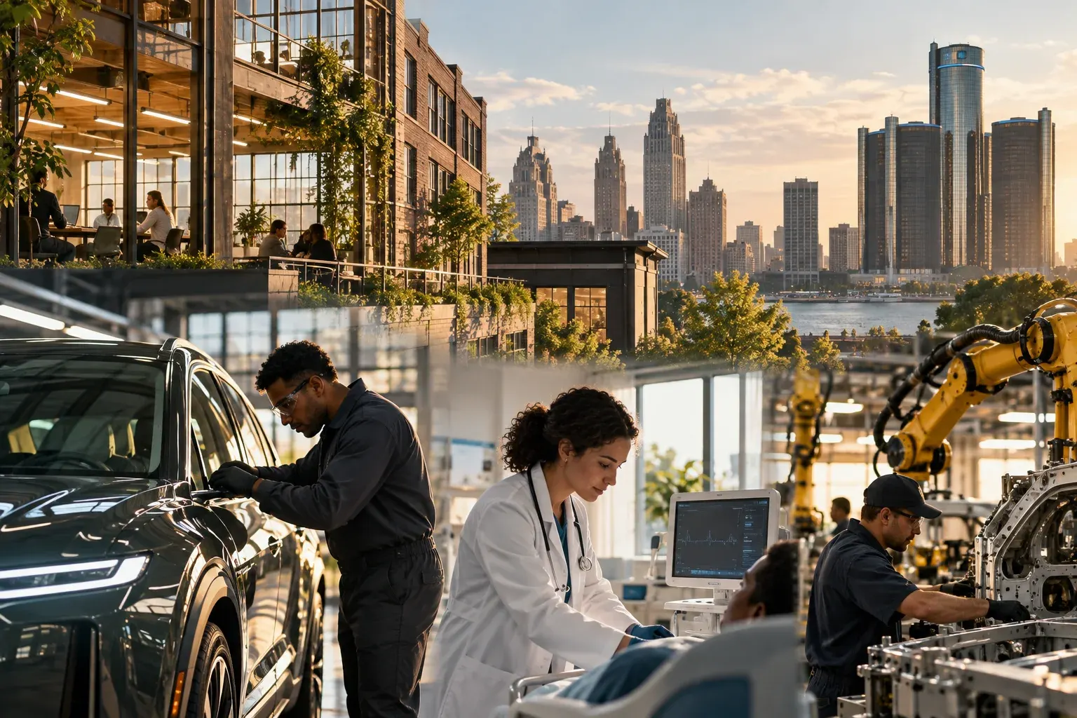 Auto engineers and lab staff at work in Detroit