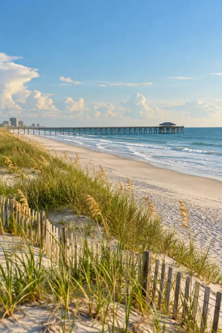 Beach dunes and pier on the South Carolina coast