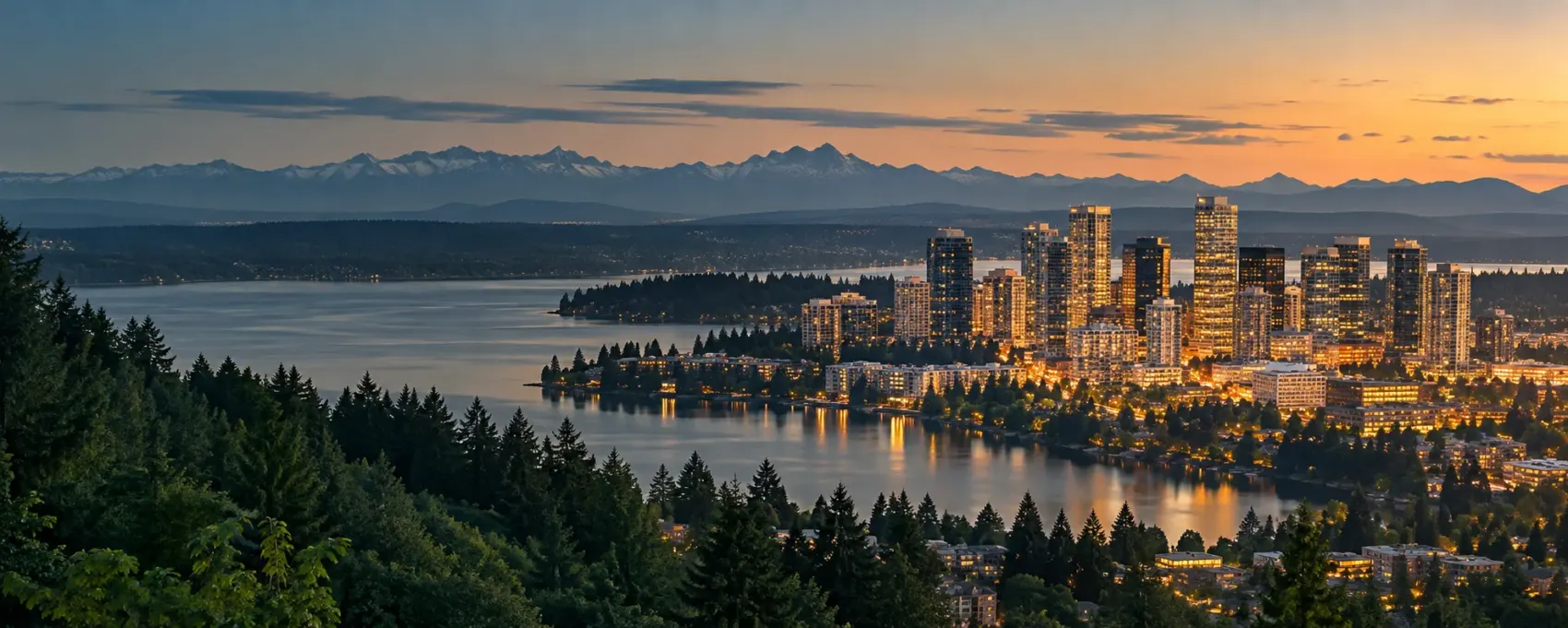 Bellevue skyline at dusk over the lake