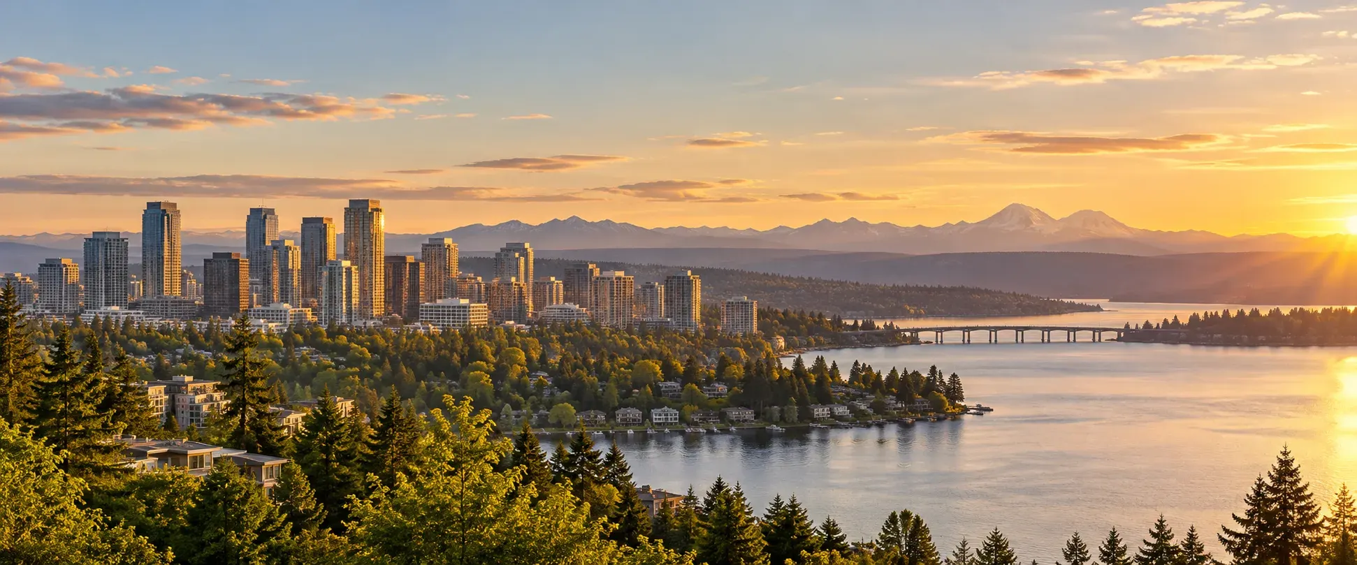 Bellevue skyline across Lake Washington at sunset, where DevSolutionsAI provides AI services in Bellevue