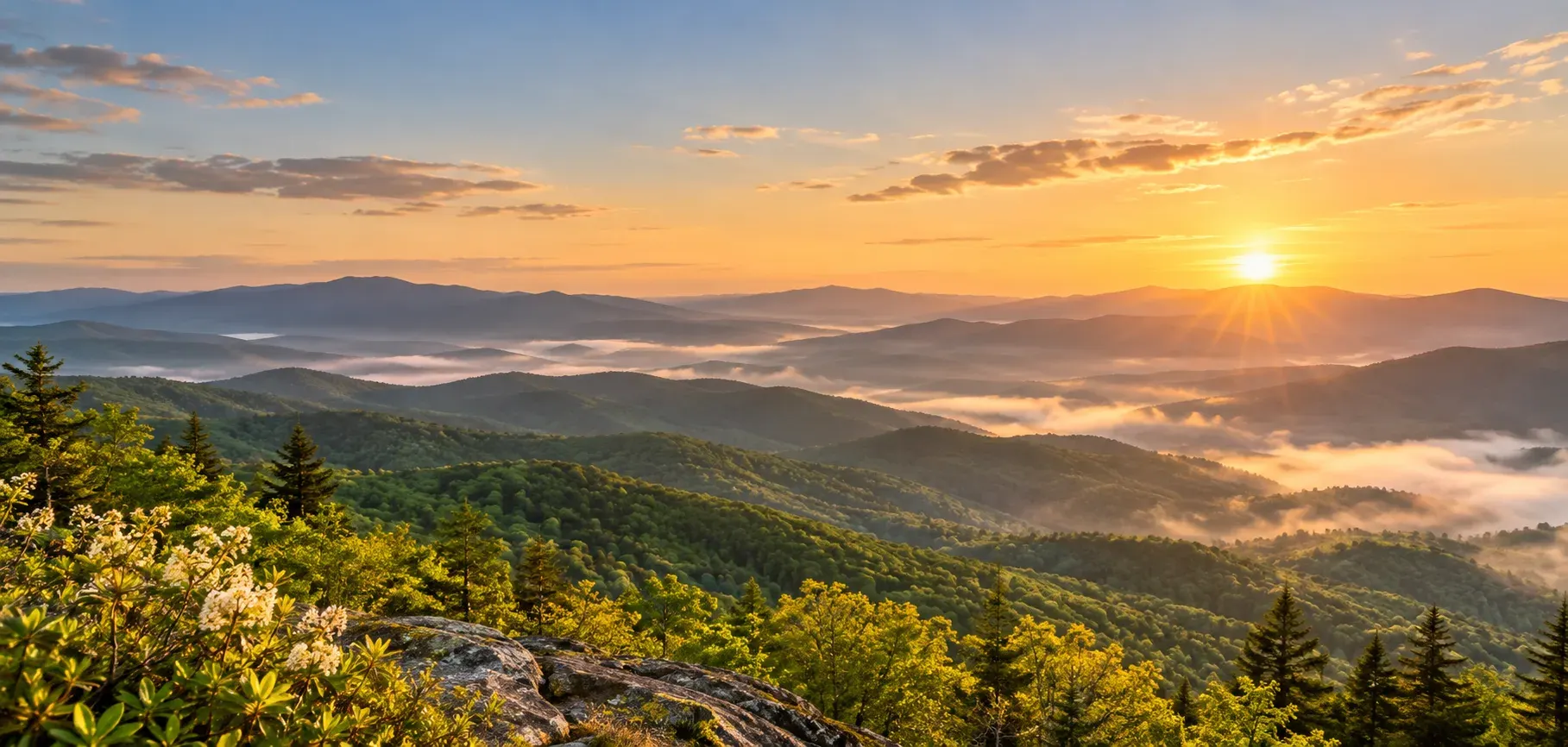 Blue Ridge Mountains in North Carolina at sunrise, where DevSolutionsAI provides AI services in North Carolina