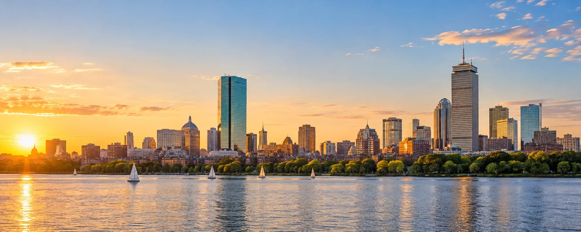 Boston skyline across the Charles River at sunset, where DevSolutionsAI provides AI services in Boston