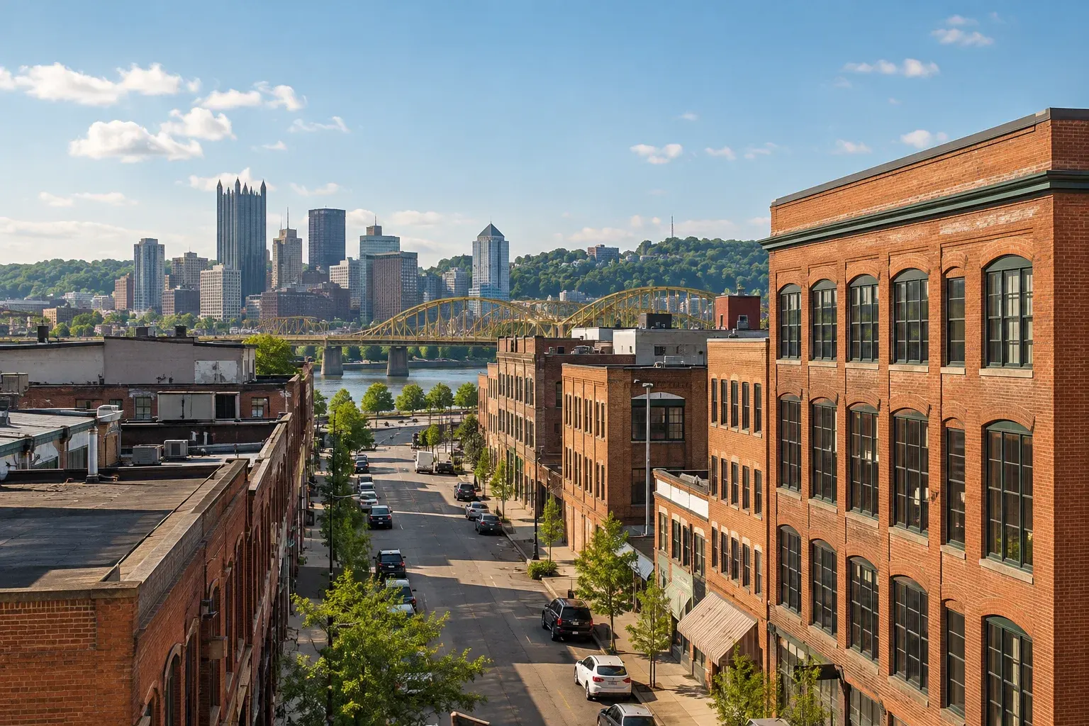 Brick buildings along a Pittsburgh street