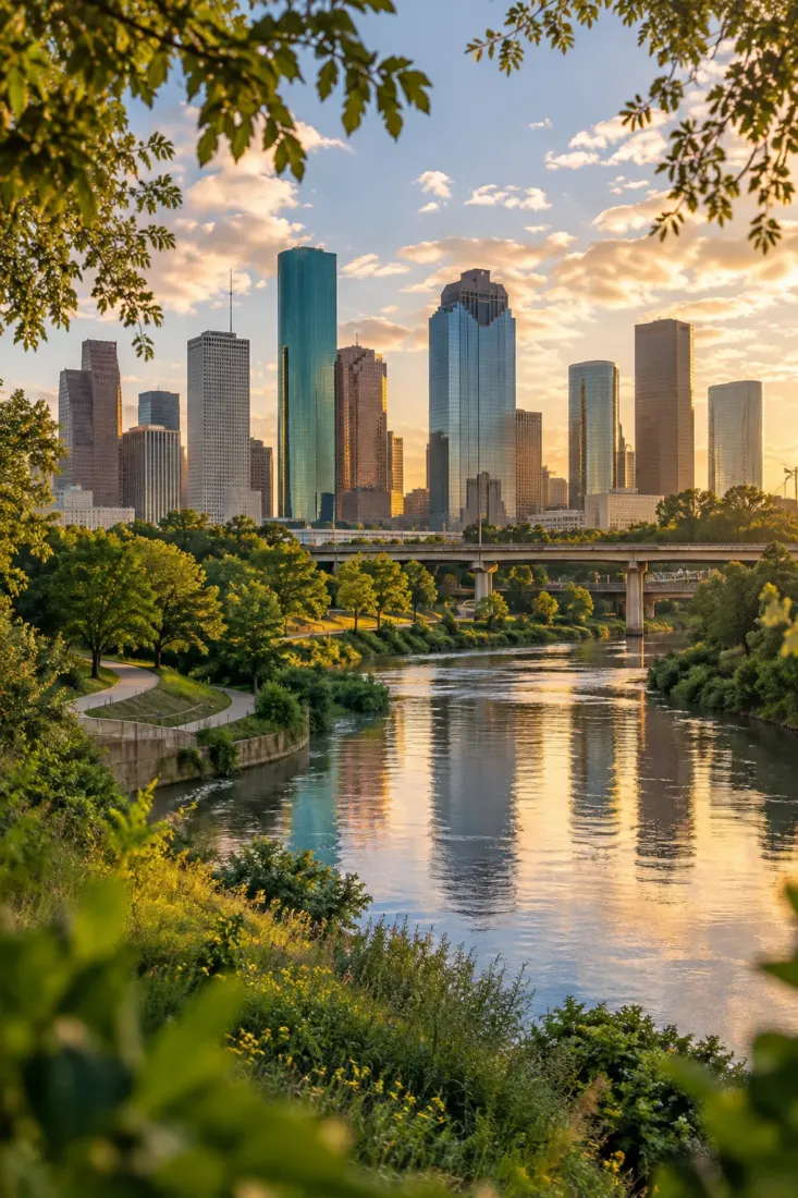 Buffalo Bayou and the Houston skyline at sunset