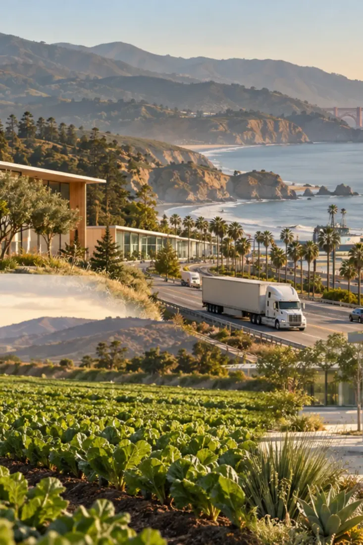 California coast, farmland and freight in one view