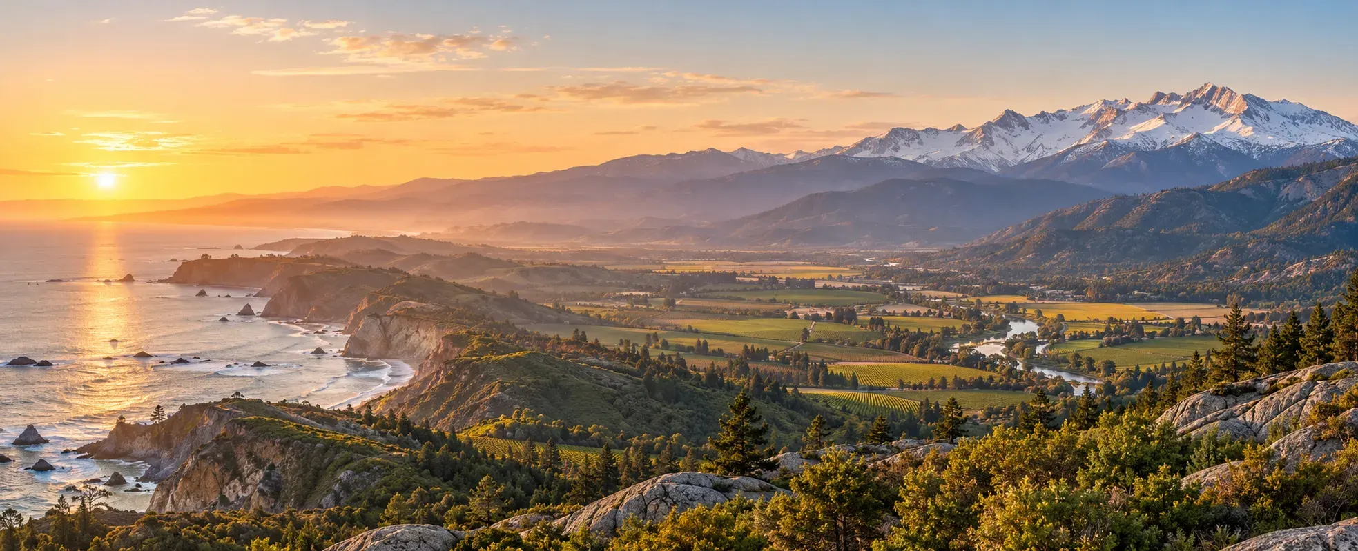 California coastline and mountains at sunset, where DevSolutionsAI provides AI services in California