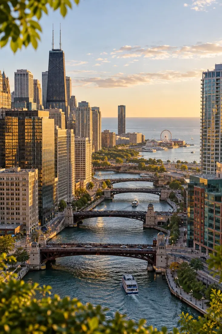 Chicago River and downtown skyline at sunset