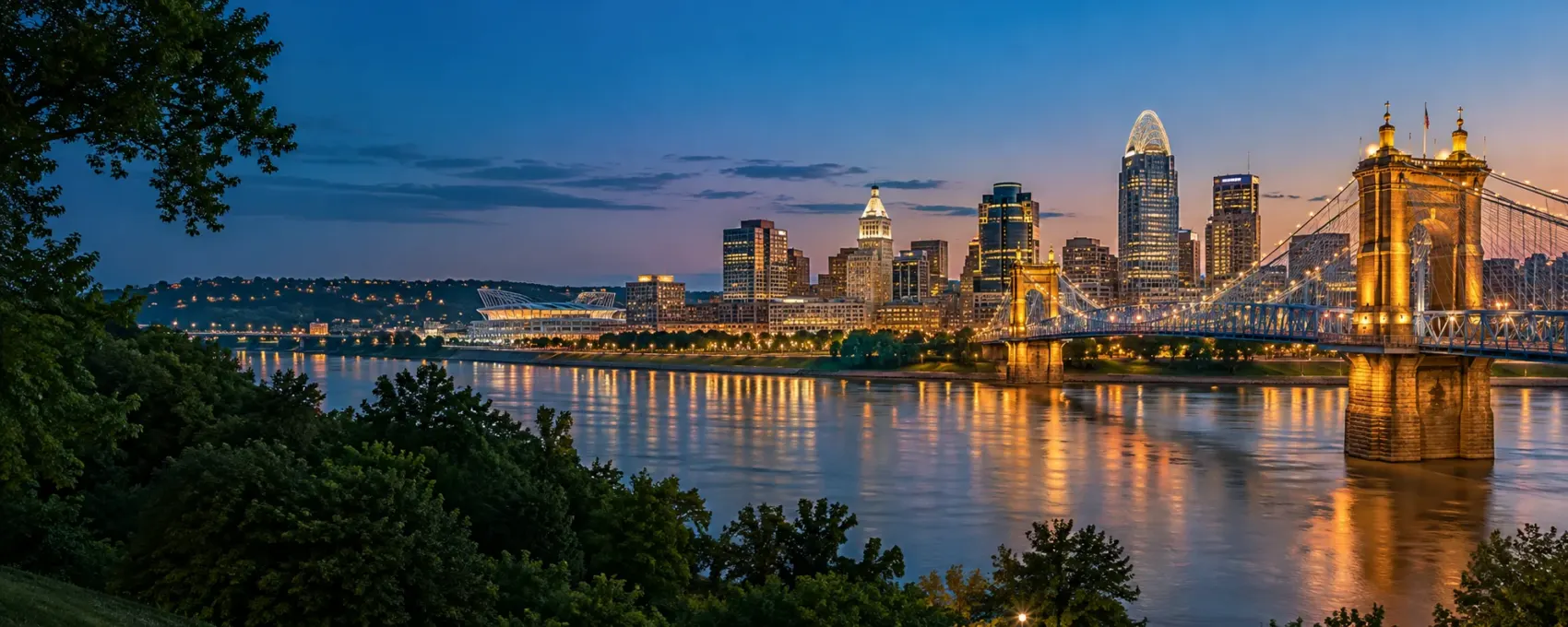 Cincinnati skyline at night on the Ohio River