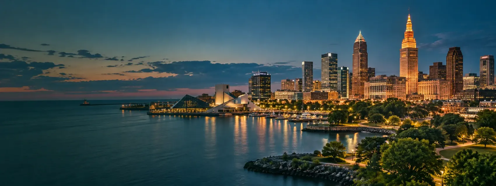 Cleveland skyline at dusk over Lake Erie