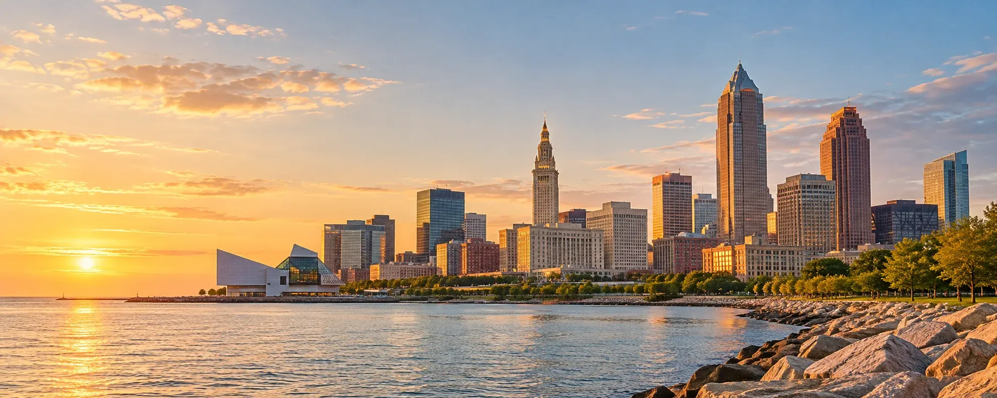 Cleveland skyline on the Lake Erie shore at sunset, where DevSolutionsAI provides AI services in Cleveland