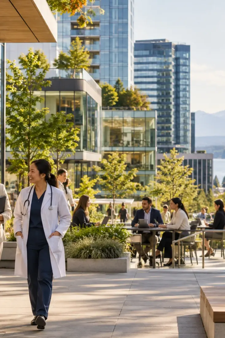 Clinician walking through downtown Bellevue