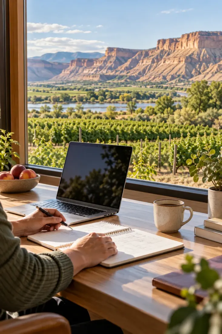 Laptop on a desk with Western Slope orchards in view