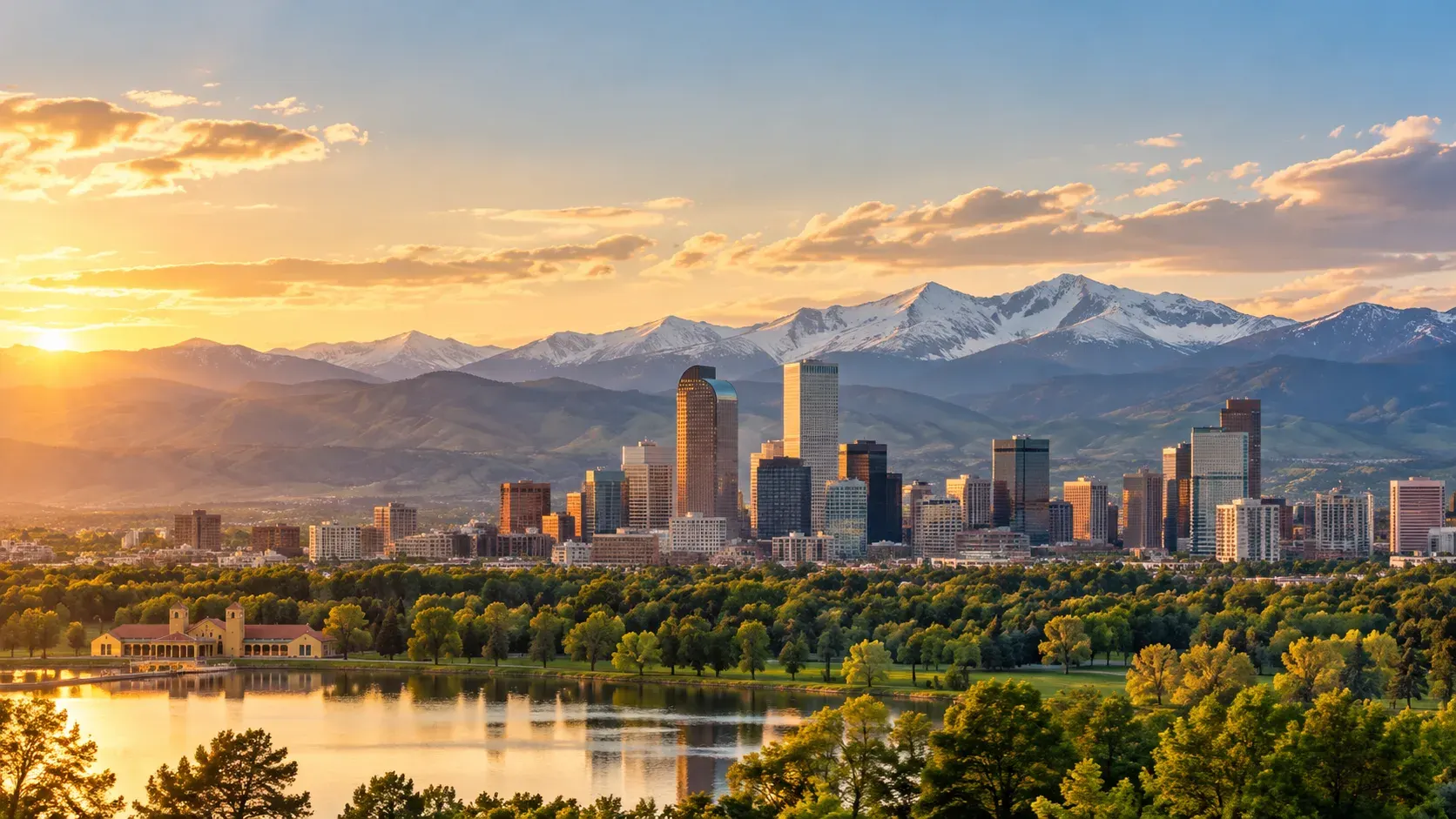Colorado skyline below the Rocky Mountains at sunset, where DevSolutionsAI provides AI services in Colorado