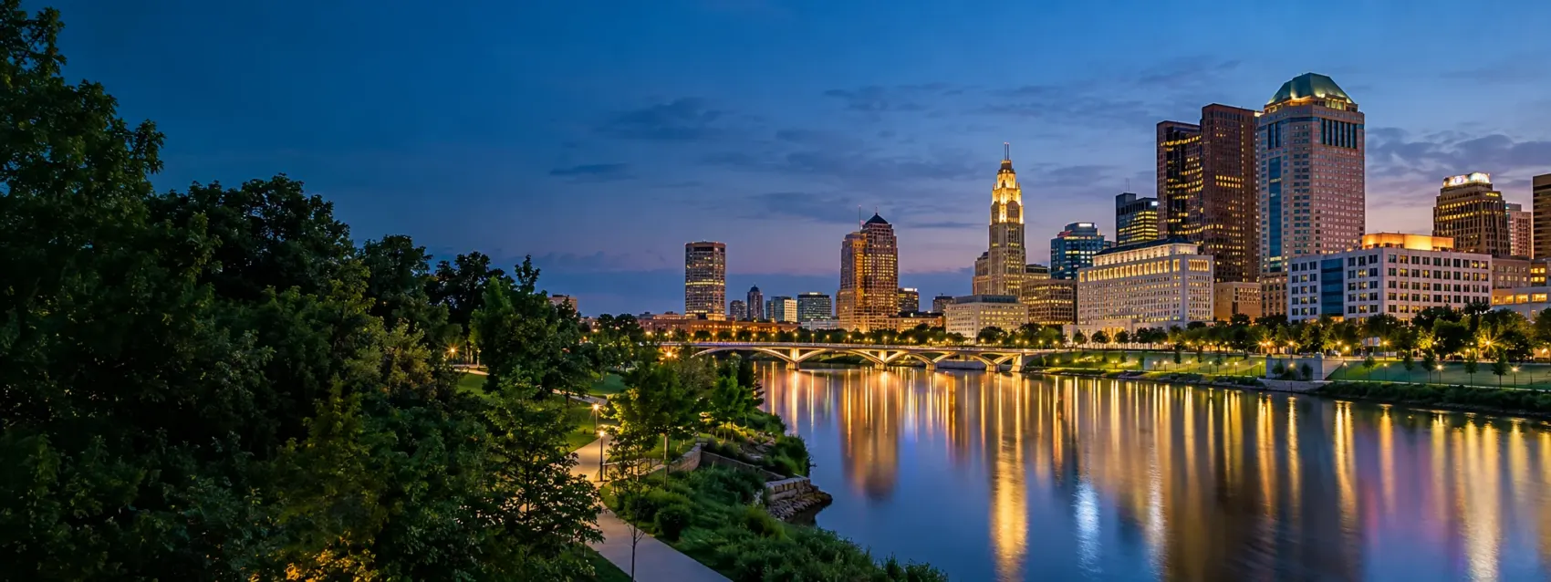 Columbus skyline at night over the Scioto River