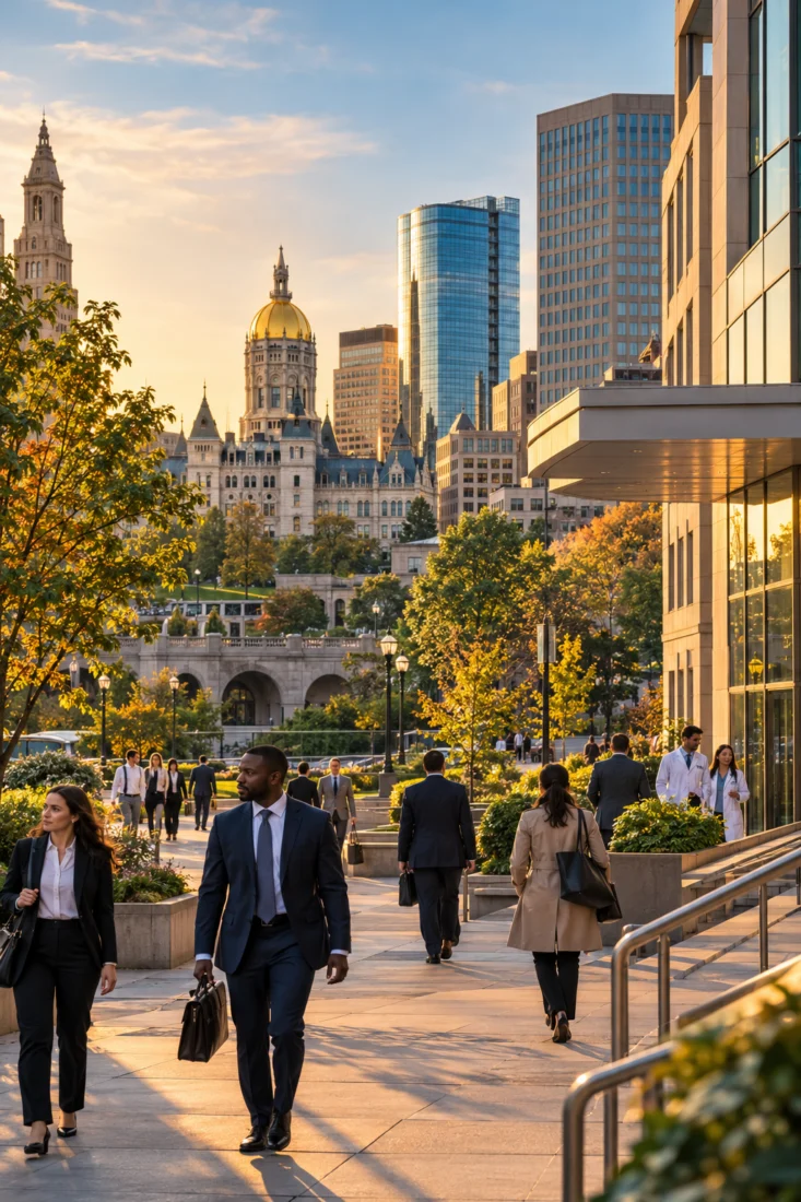 Insurance and healthcare workers in downtown Hartford