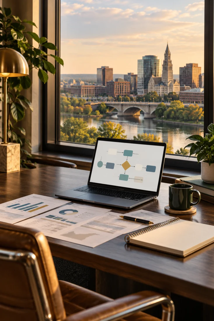 Laptop on a desk with a Hartford view