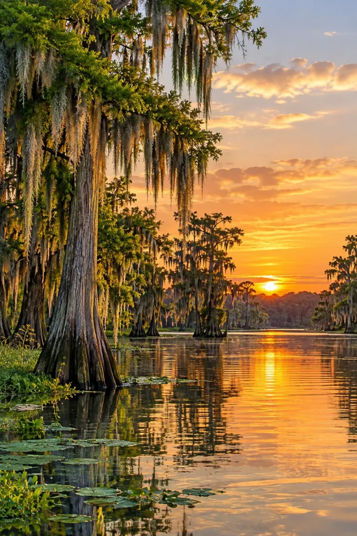 Cypress trees in a Louisiana bayou at sunset