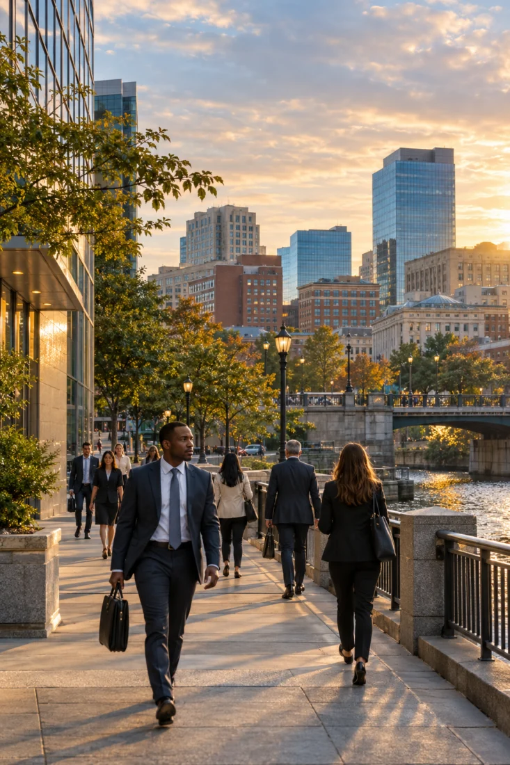 Finance workers walking a Wilmington riverfront