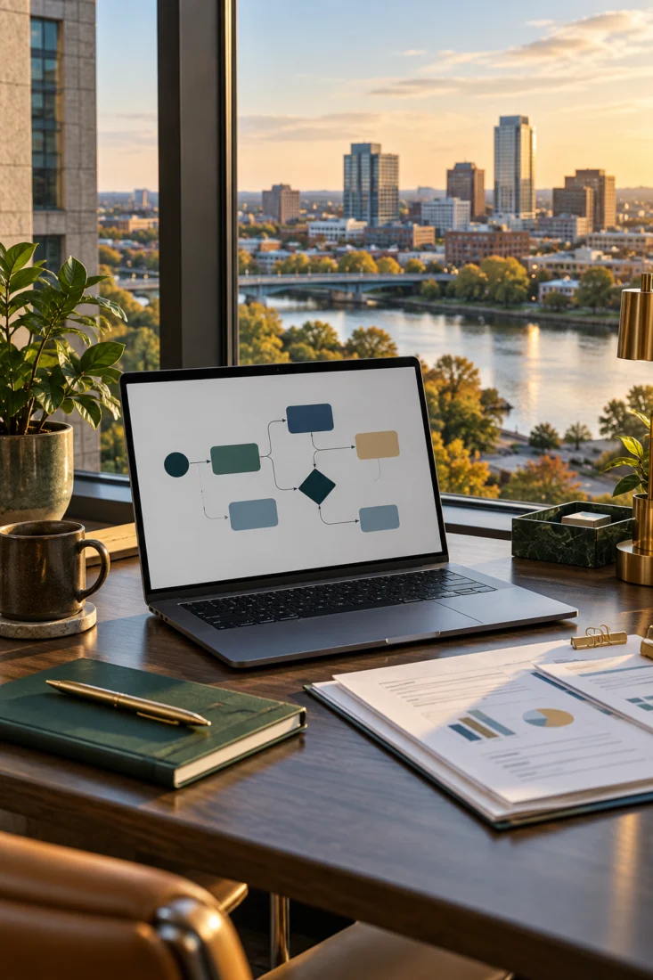 Laptop on a desk with a Wilmington river view