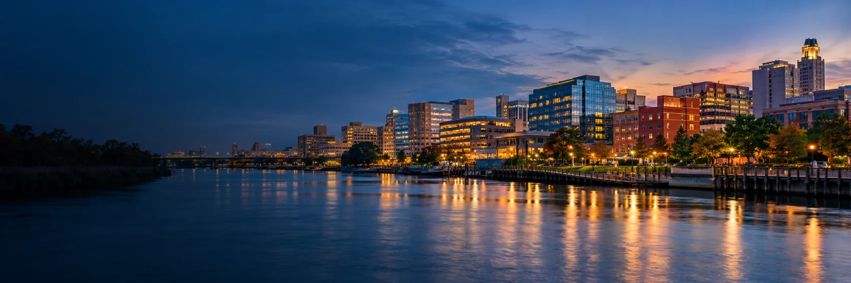 Wilmington lights on the water at dusk