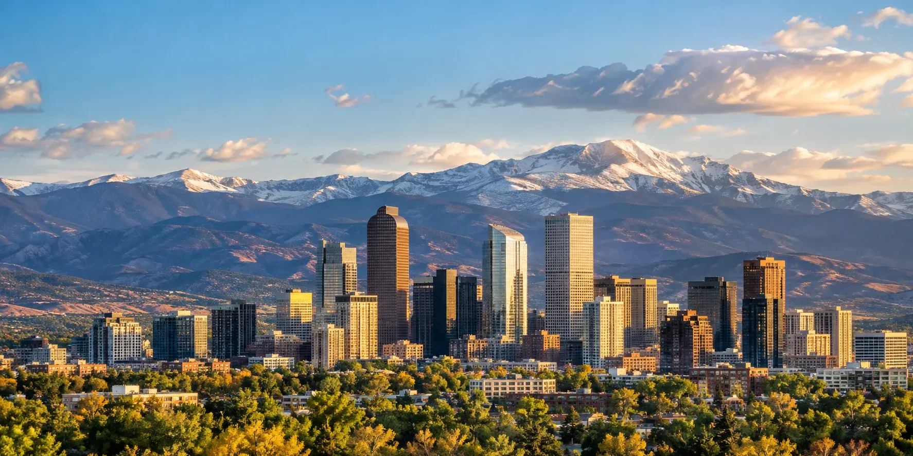Denver skyline with the Rocky Mountains, where DevSolutionsAI provides AI services in Denver