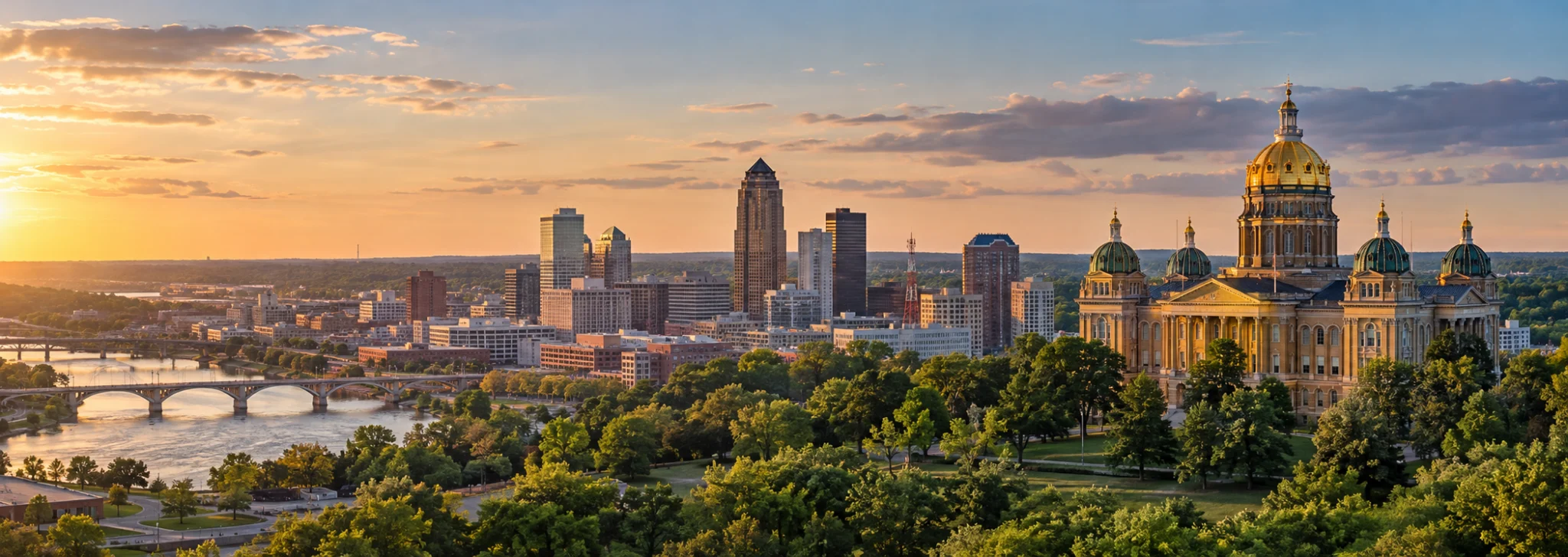 Des Moines skyline and Iowa State Capitol, where DevSolutionsAI provides AI services in Iowa