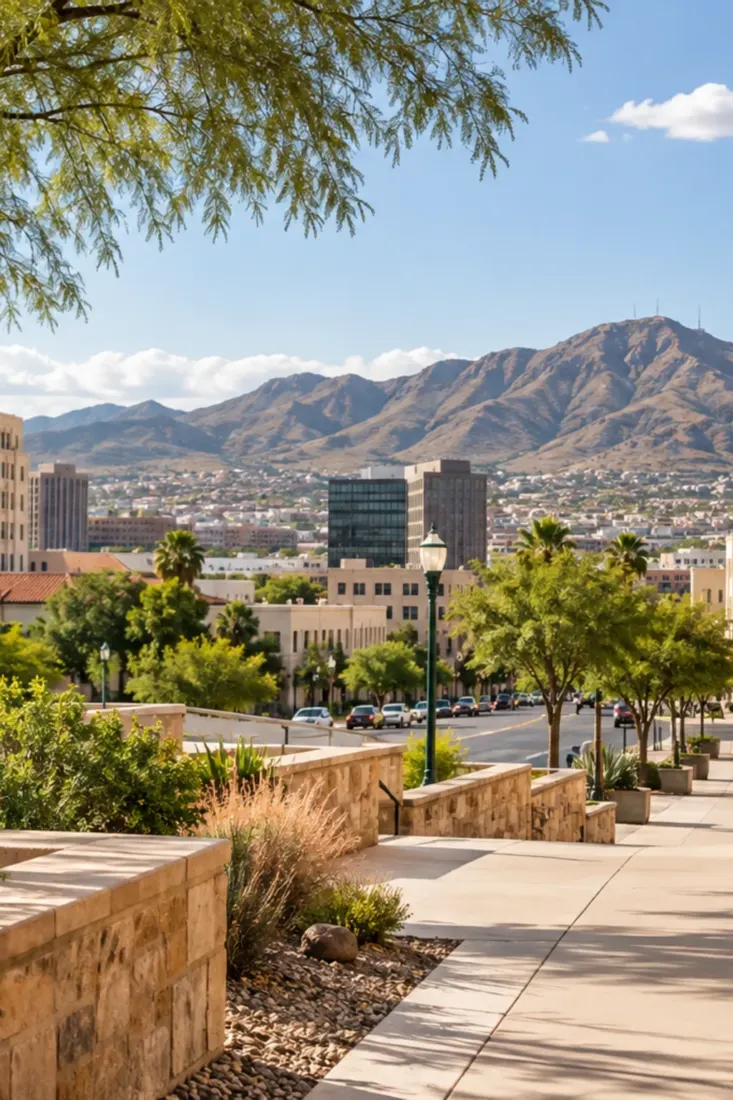 Desert garden path with El Paso mountains behind